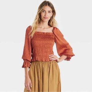A New Day Women's Blouse Medium Brown Puff Long Sleeve Smocked Top Peplum Size M